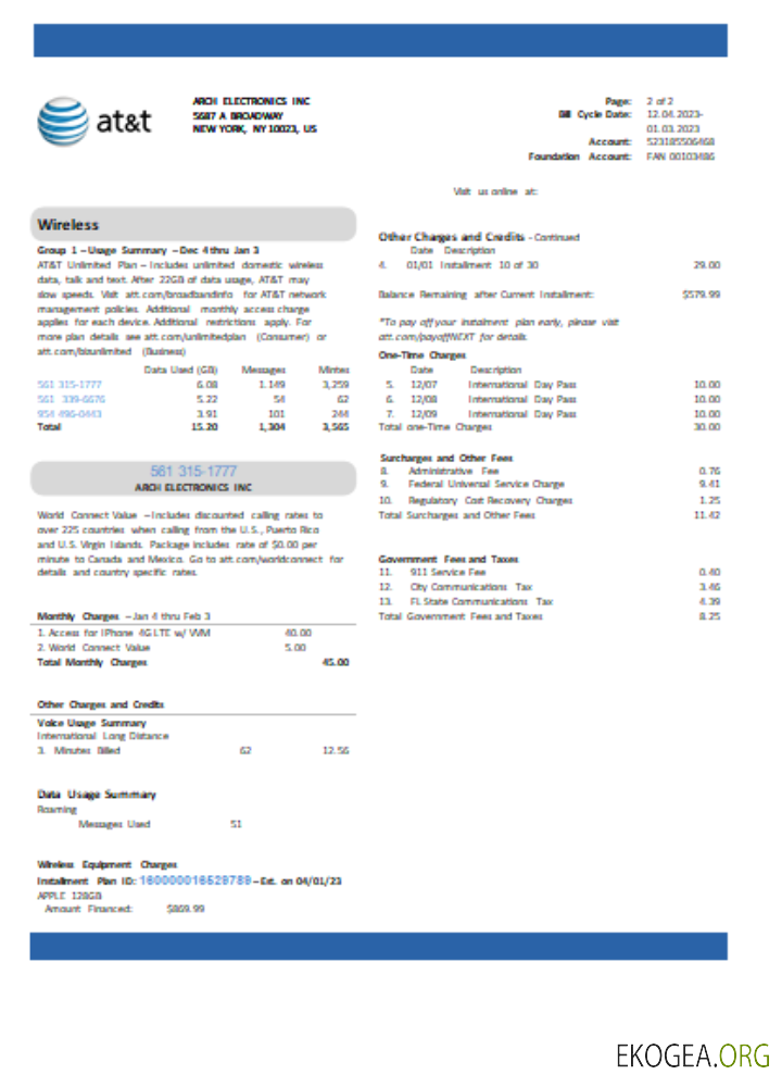 Facture commerciale des services publics de télécommunications Texas AT&T, page 2, SCR